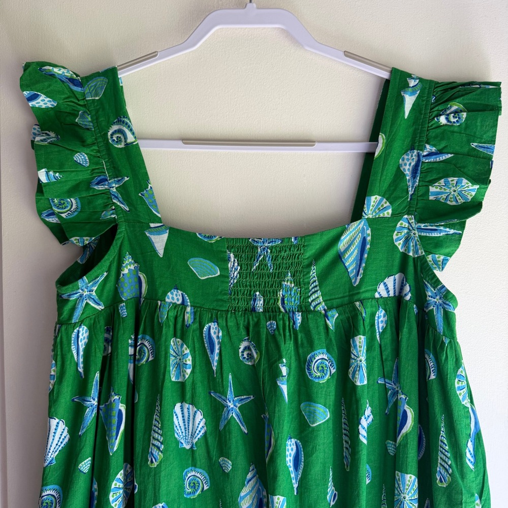 Printfresh Green Seashell Organic Cotton Ruffle Midi Dress Womens Large L - Picture 5 of 10